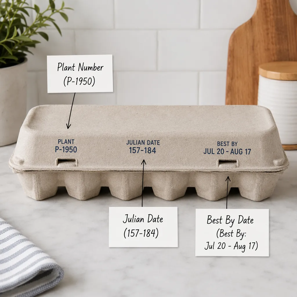 Egg carton label markers showing P-1950, Julian dates 157 to 184, and best-by dates July 20 to August 17