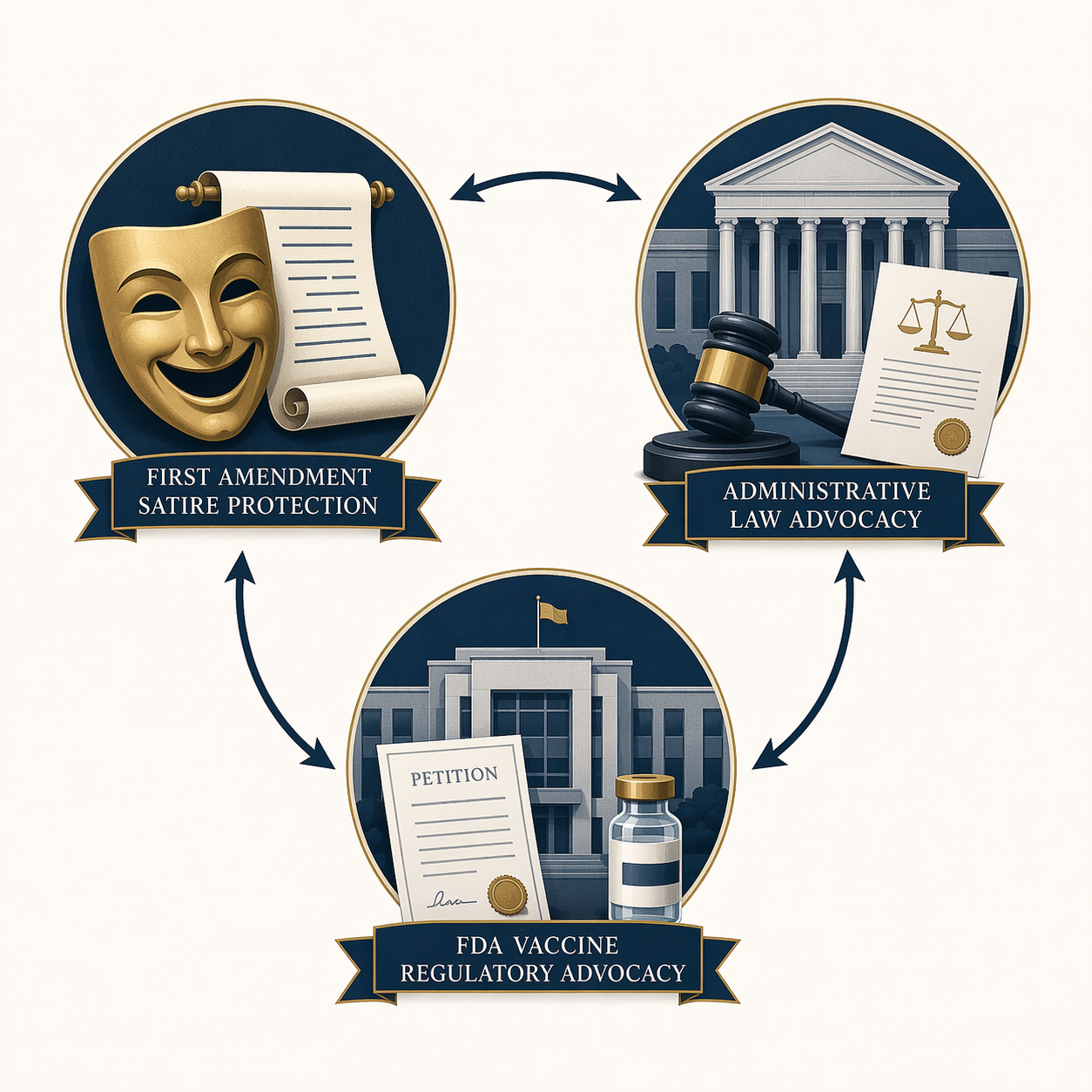 Triangular diagram linking First Amendment satire, APA litigation, and FDA vaccine petition advocacy