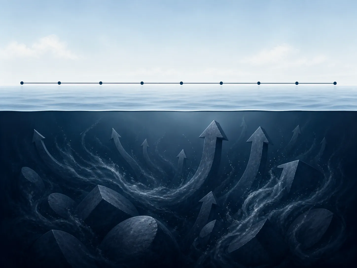 Calm surface line above a dark undercurrent with heavy shapes and rising arrows