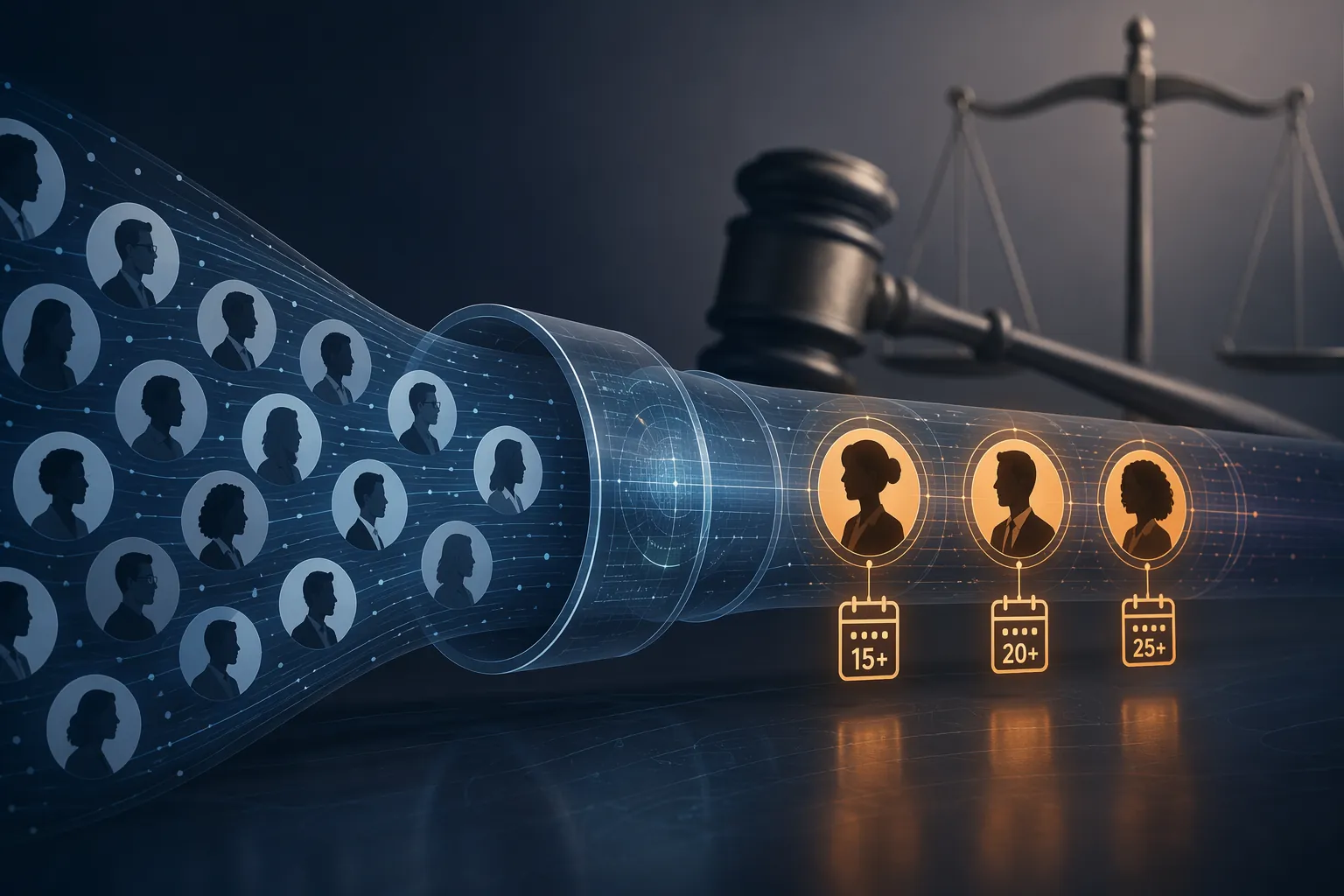 Abstract illustration of employee profiles moving through a digital algorithmic pipeline with three profiles highlighted and a faint gavel scale in the background