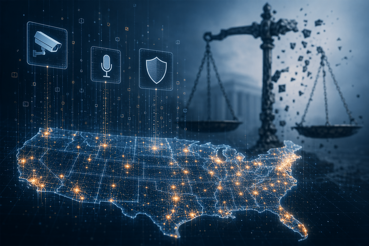 Digital map of the United States with glowing data nodes representing AI tools across cities and fragmented judicial oversight
