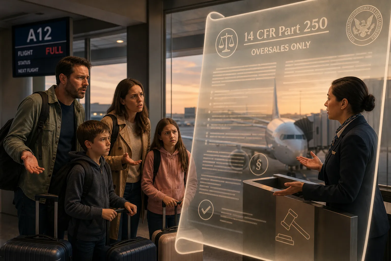 Family at an airport gate separated from the aircraft by legal document shapes and regulatory symbols