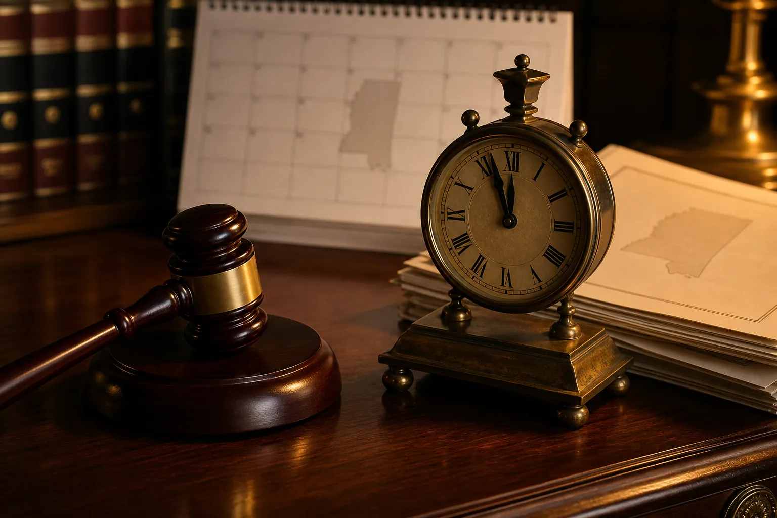 Gavel, brass desk clock, legal documents, and Mississippi docket materials on a mahogany desk