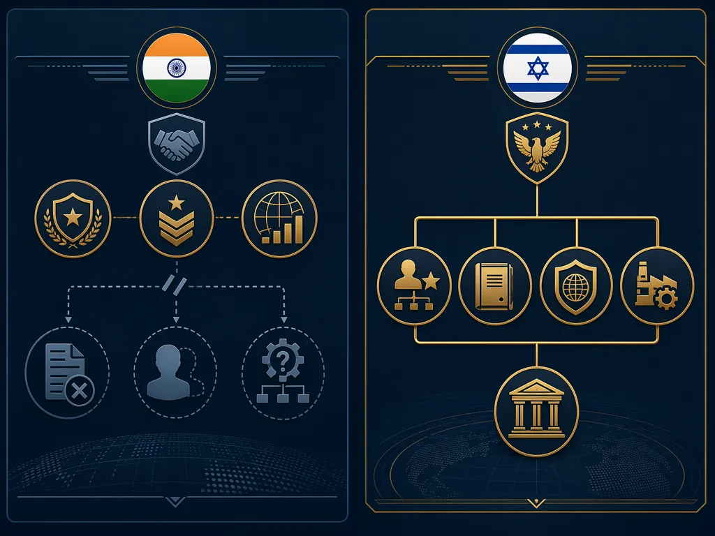 Comparison chart showing India's incomplete defense status dimensions and Israel's codified procurement and ITAR-access pathway