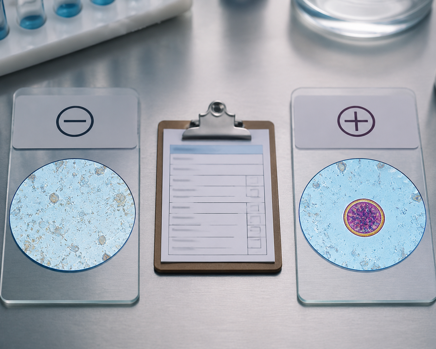 Laboratory slides comparing a routine stool test with Cyclospora-specific detection