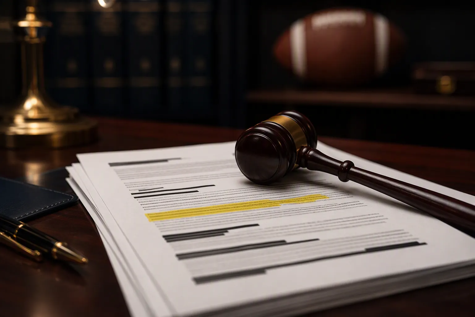 Gavel on legal contract pages with highlighted clause and redactions, with a football blurred in the background