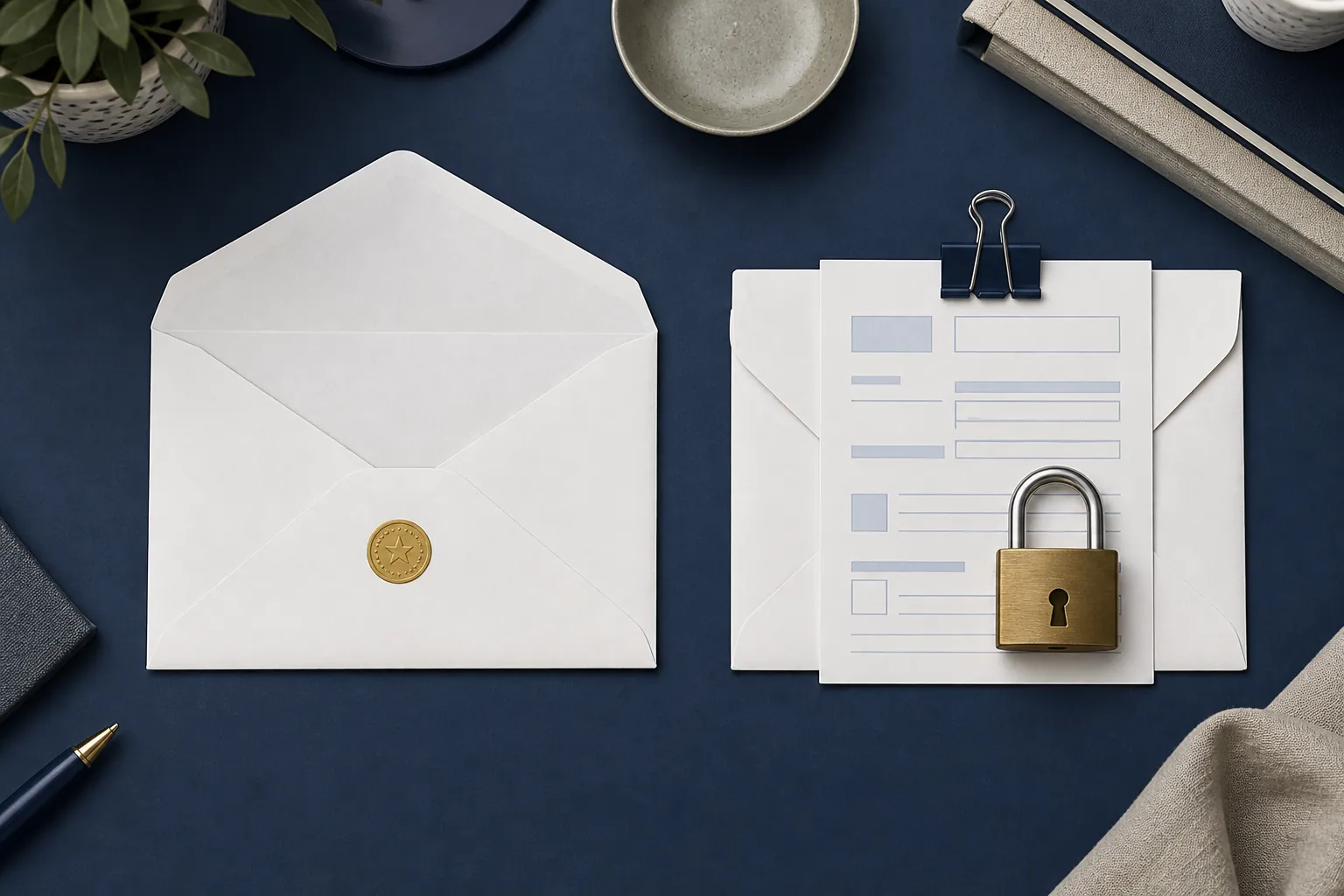 Two absentee ballot envelopes with an application form and a small padlock