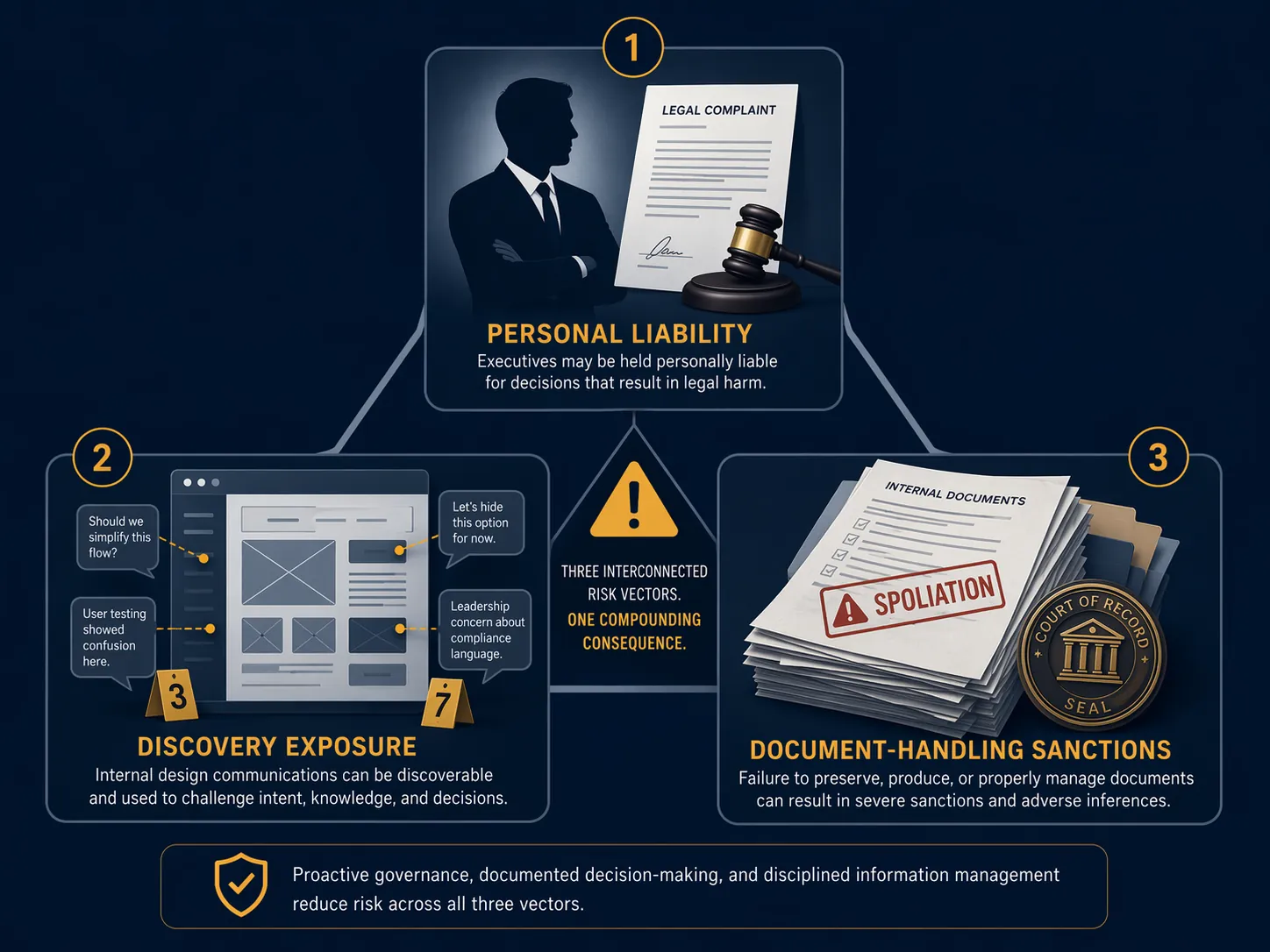 Three subscription-interface risk vectors: executive liability, discovery exposure of UX communications, and document-handling sanctions