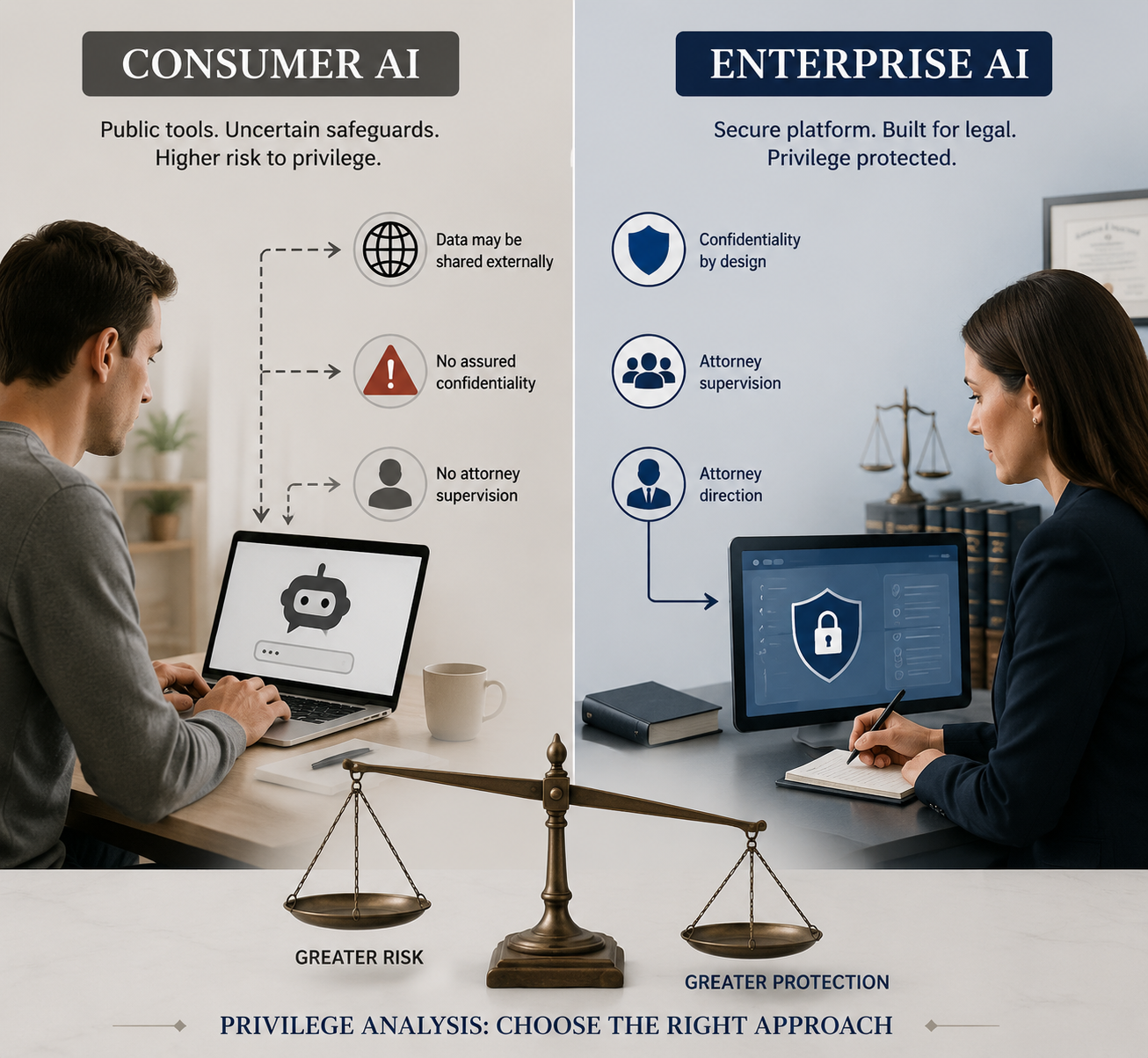 Consumer AI tools compared with enterprise AI tools under confidentiality and counsel-supervision indicators