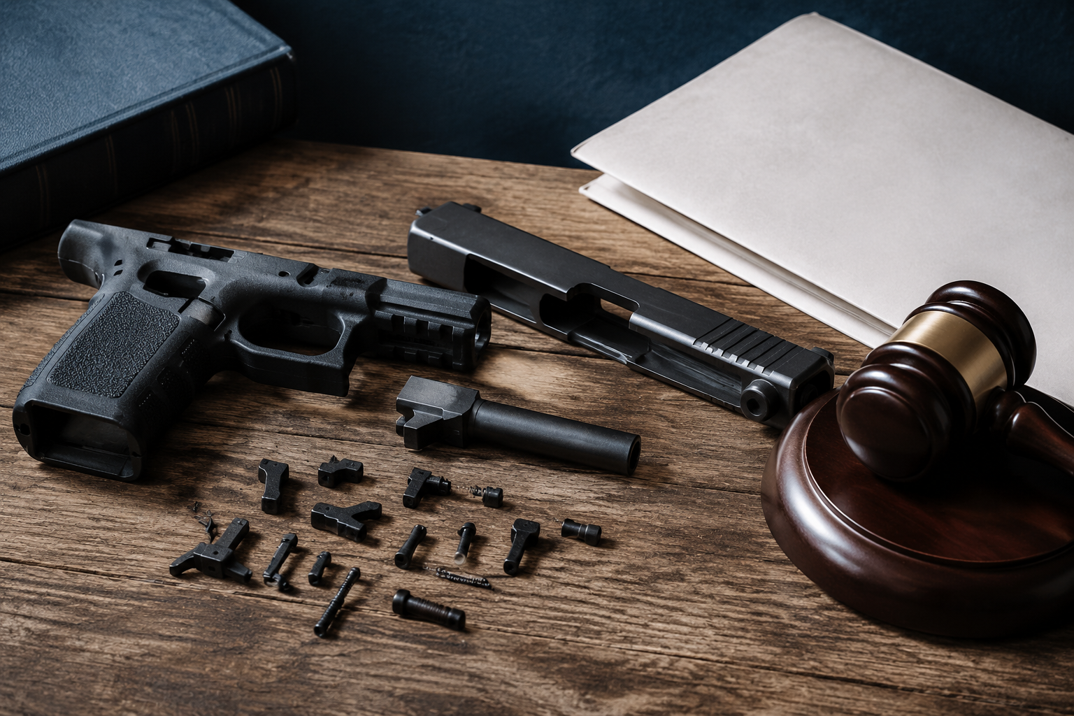 Ghost gun build kit parts arranged beside a legal gavel and folded document