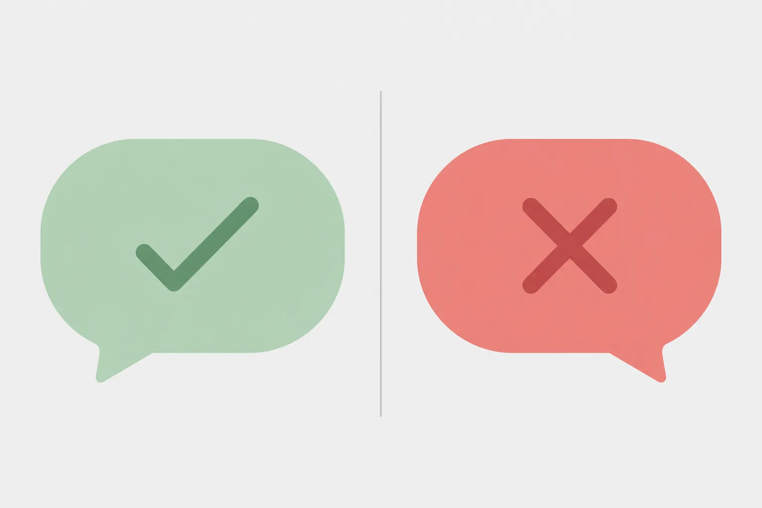 Two speech bubbles divided by a line, one with a checkmark and one with an X, contrasting safer and riskier statements