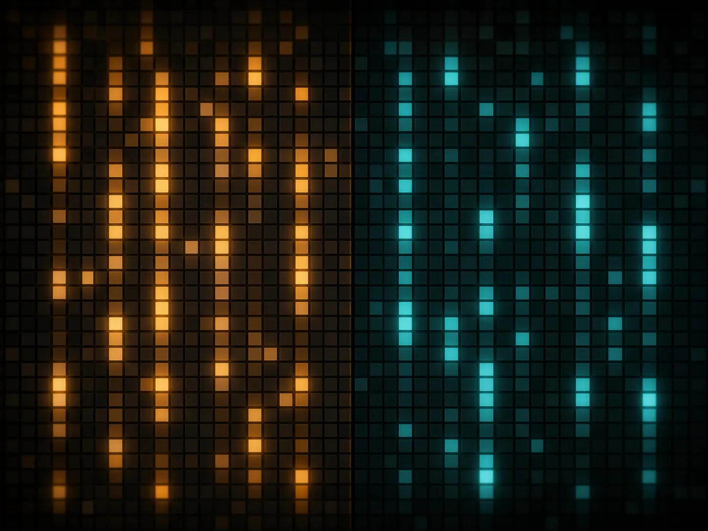 Abstract split heatmap showing two AI models with different strengths across legal practice areas