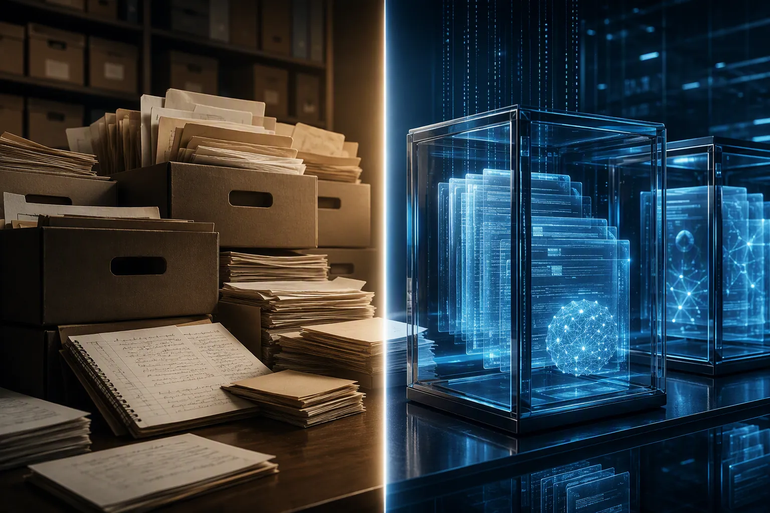 Human-authored records and machine-generated records divided into archival evidence vaults