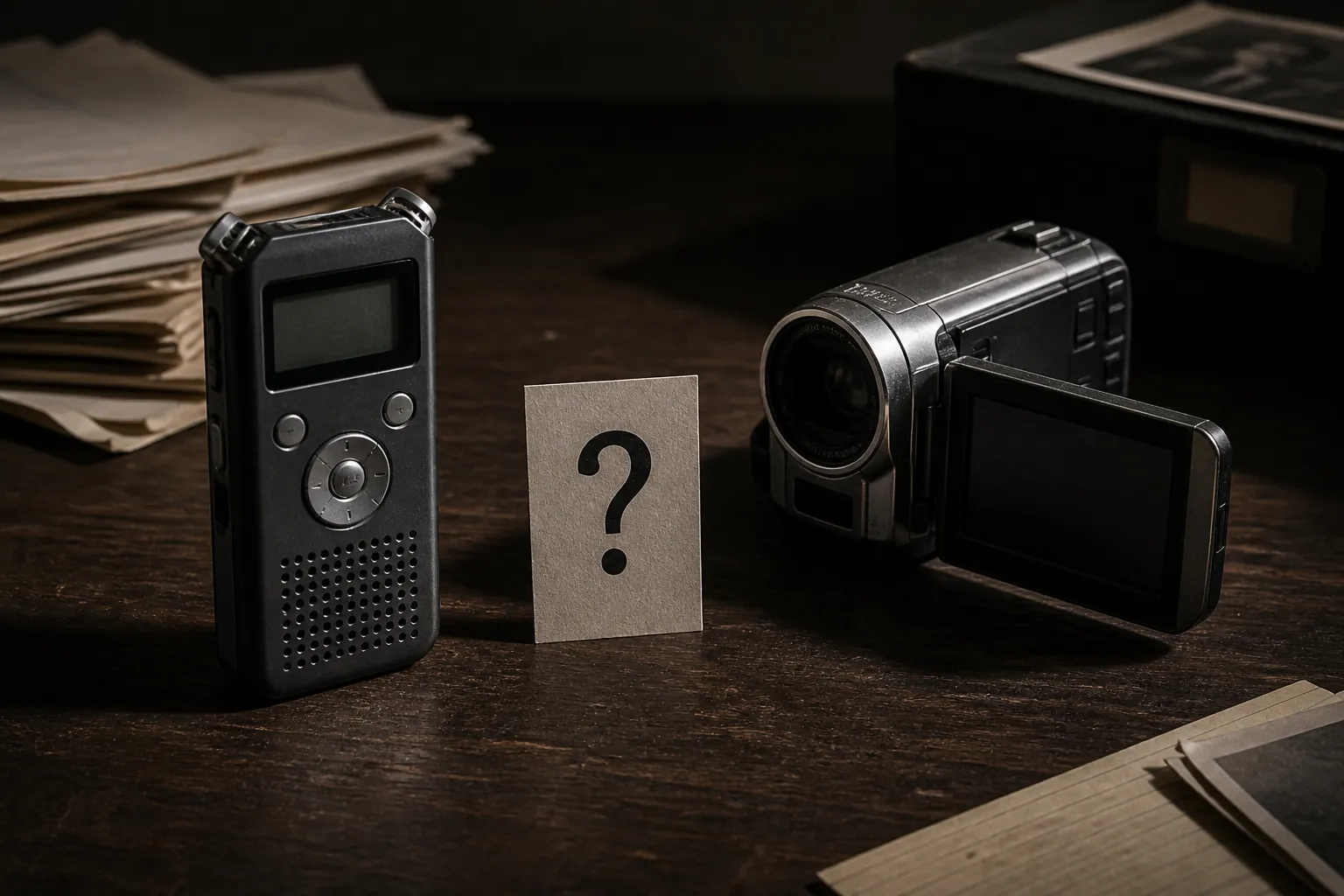 Audio recorder and compact video camera on a desk with a question-mark card between them