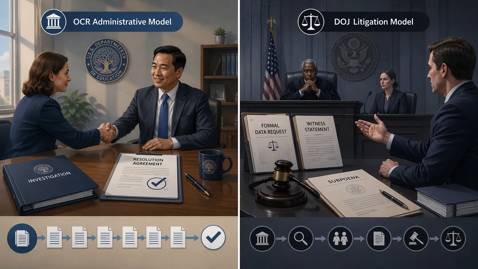 Split illustration comparing OCR administrative resolution with DOJ litigation enforcement