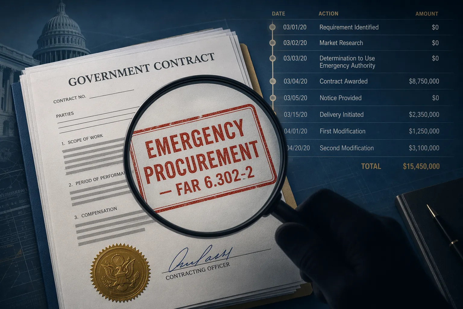 Government contract document stamped emergency procurement under FAR 6.302-2