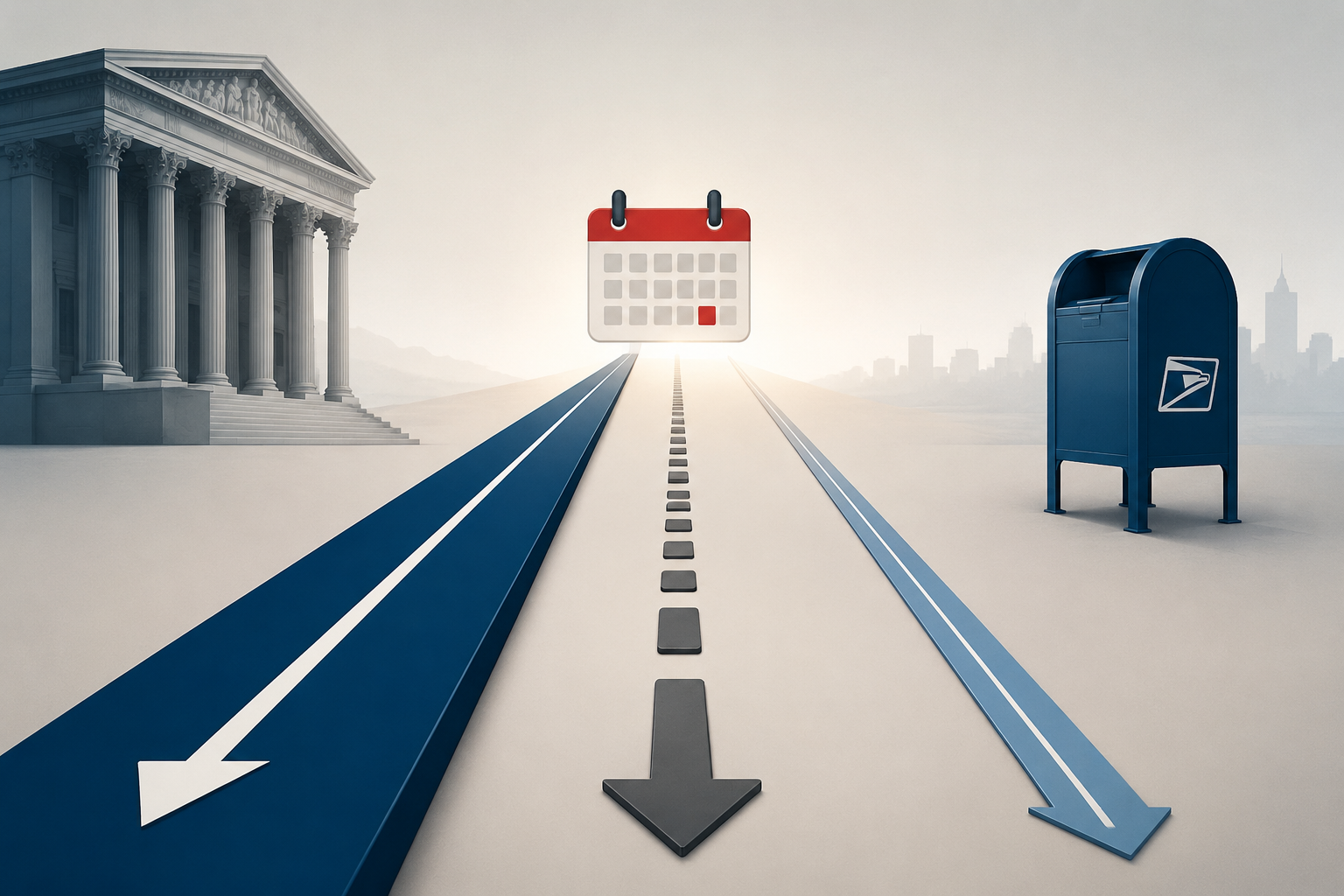 Editorial illustration of three legal tracks converging toward a November 2026 election calendar with courthouse and USPS mailbox silhouettes