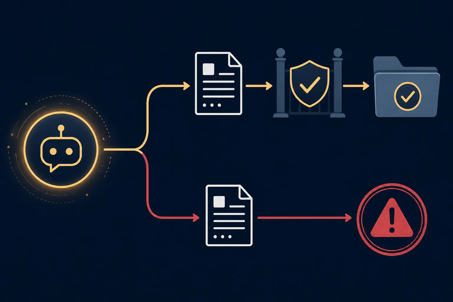 AI chat interface branching to verified approval or an unchecked warning path