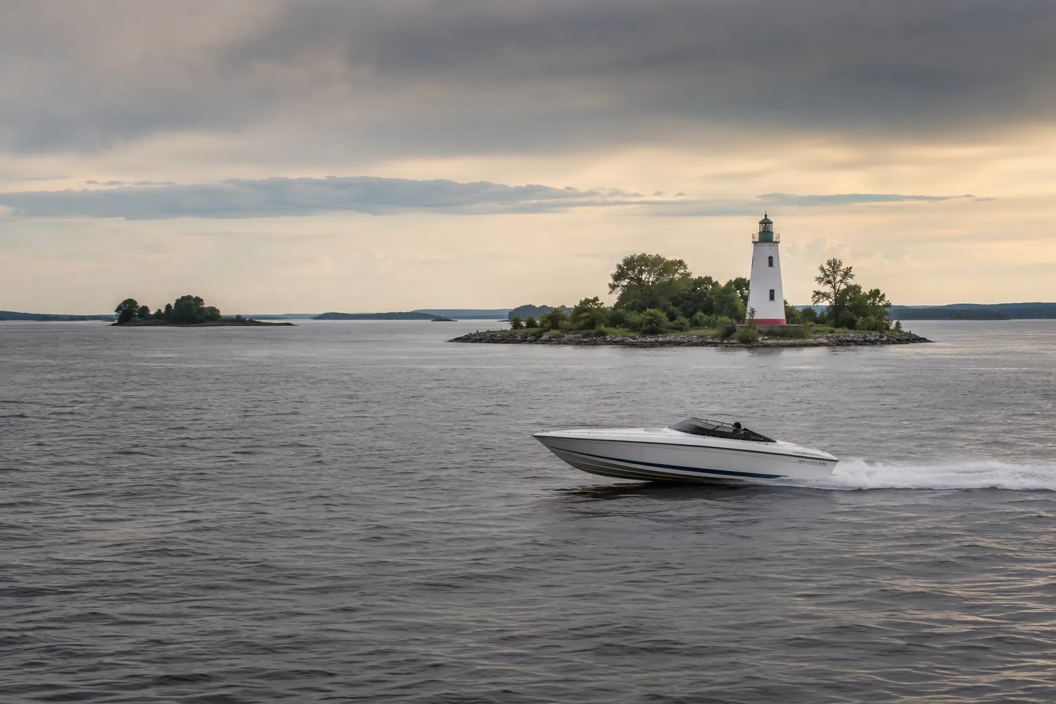 High-performance powerboat on the St. Lawrence River near a lighthouse at dusk