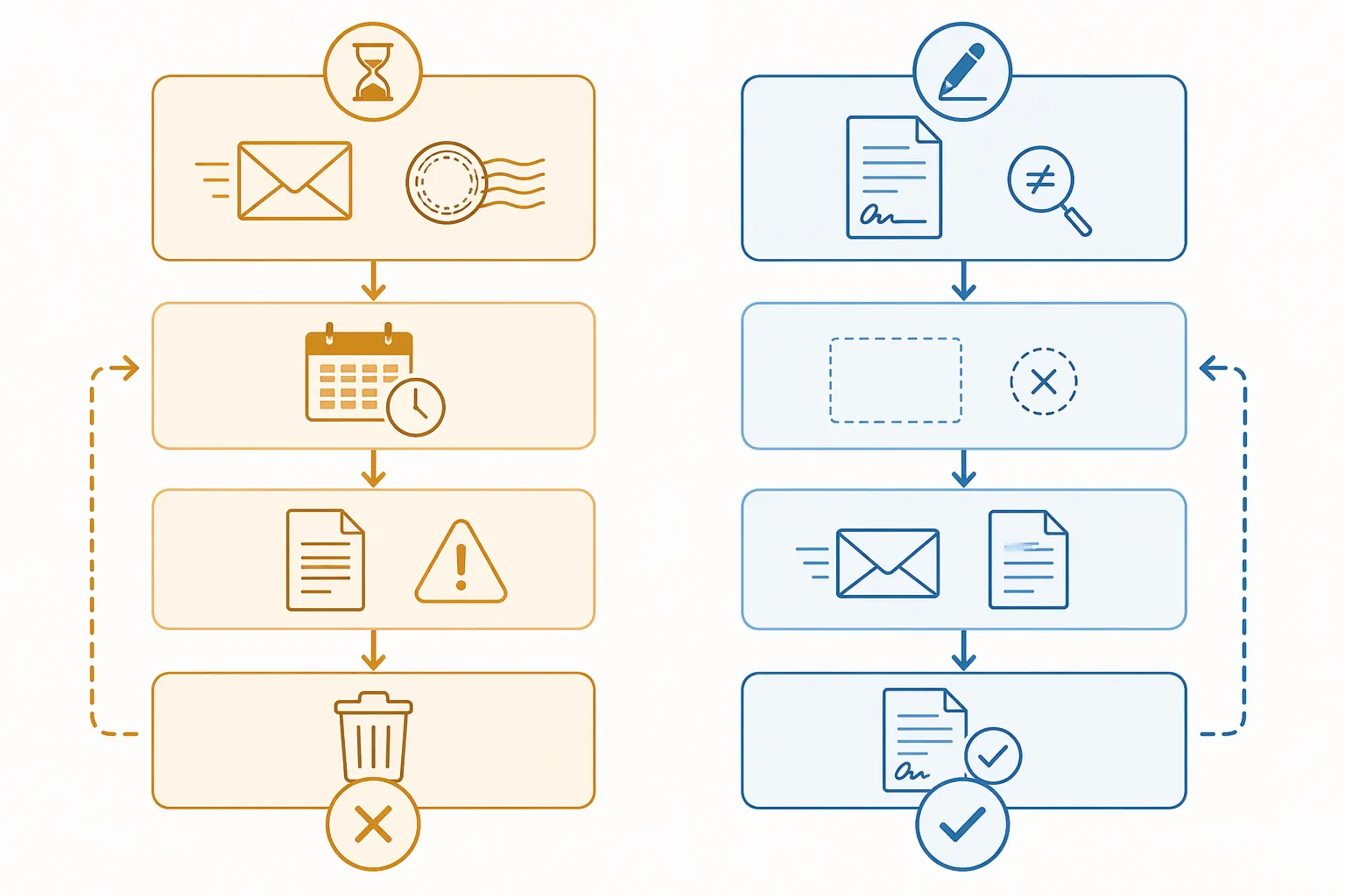 Two-track procedural flowchart showing parallel ballot-processing routes converging at a comparison point
