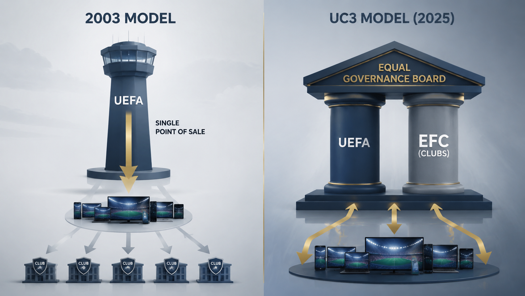 Illustration contrasting the 2003 UEFA single-point-of-sale model with the 2025 UC3 equal governance model