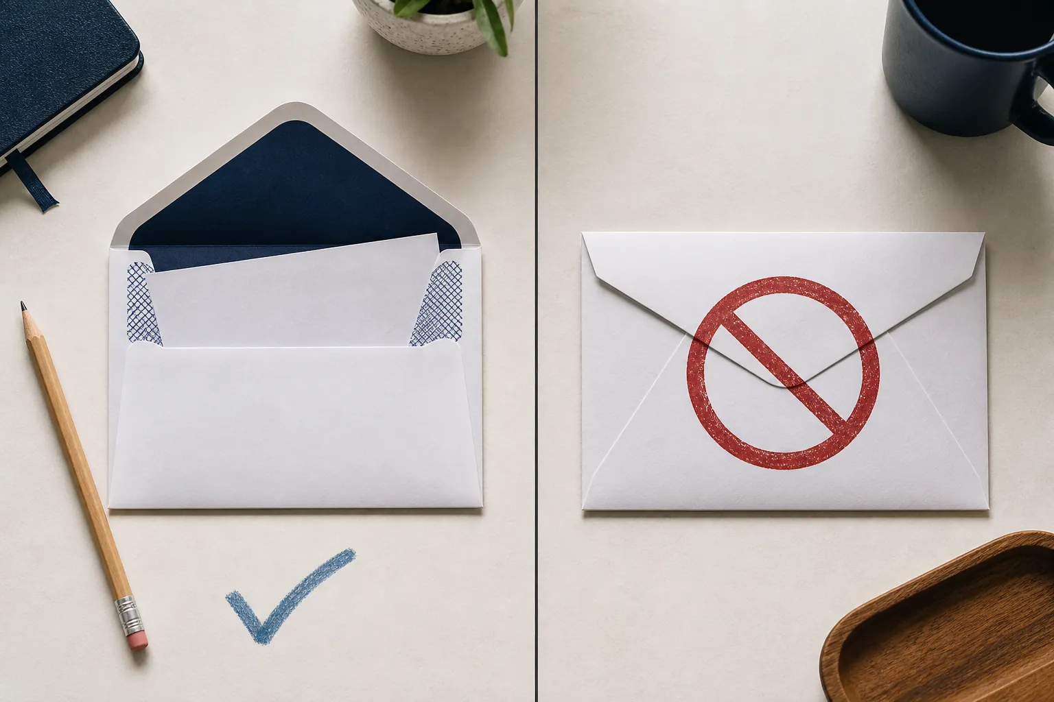 Illustration contrasting an open absentee ballot envelope with a sealed envelope marked void