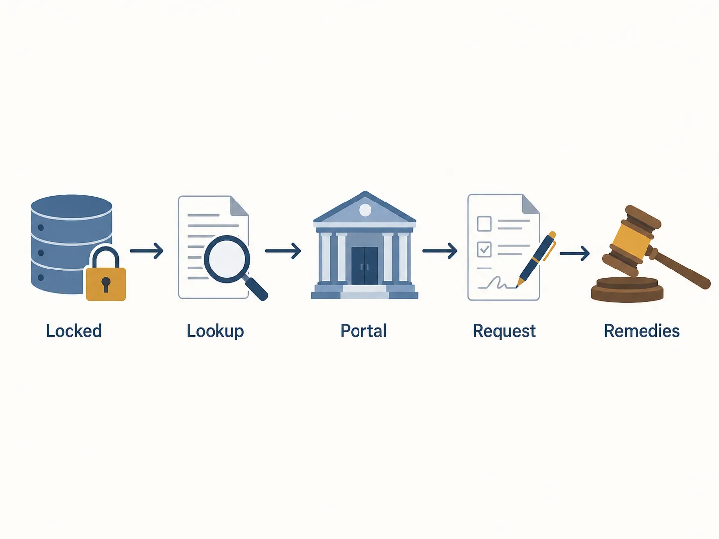 Five-step diagram showing the lawful sequence from no public database to audit-log lookup, agency portal, records request, and remedies
