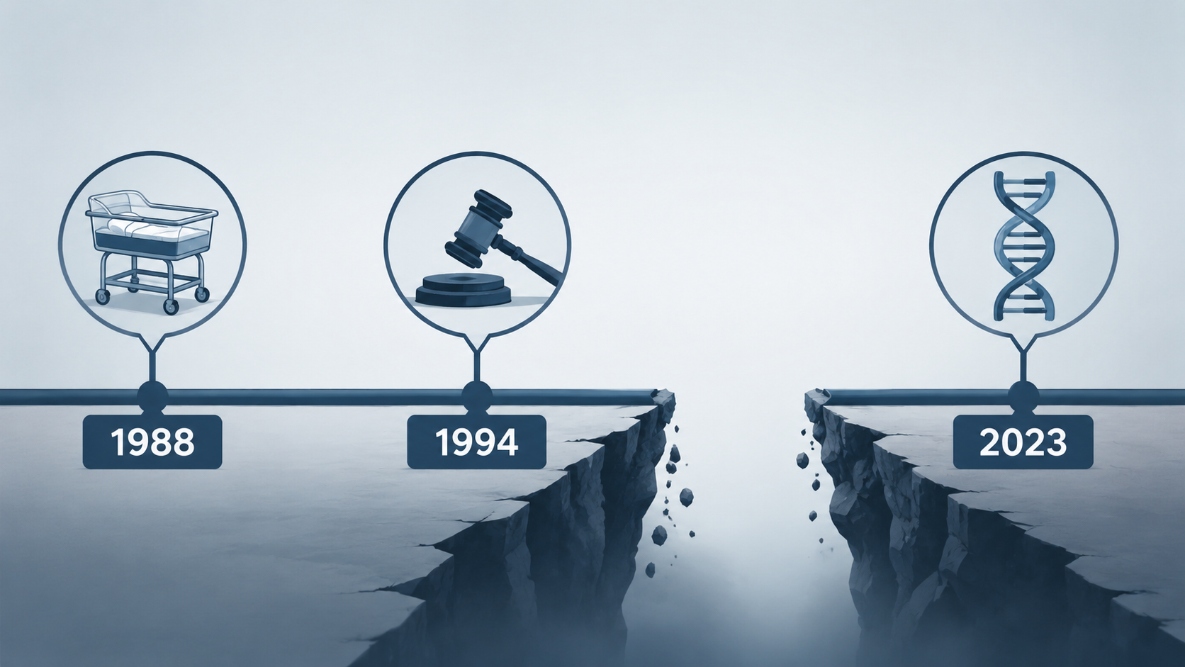Timeline showing 1988 hospital event, 1994 repose deadline, and 2023 DNA discovery