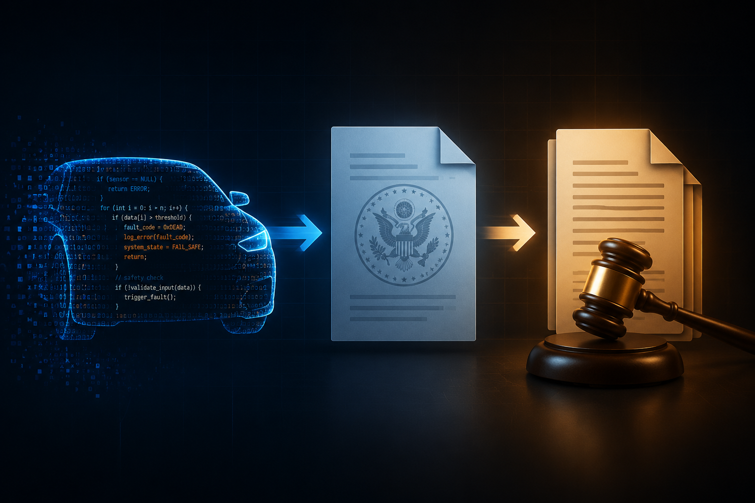 Flow from vehicle software defect to NHTSA recall filing to class action lawsuit