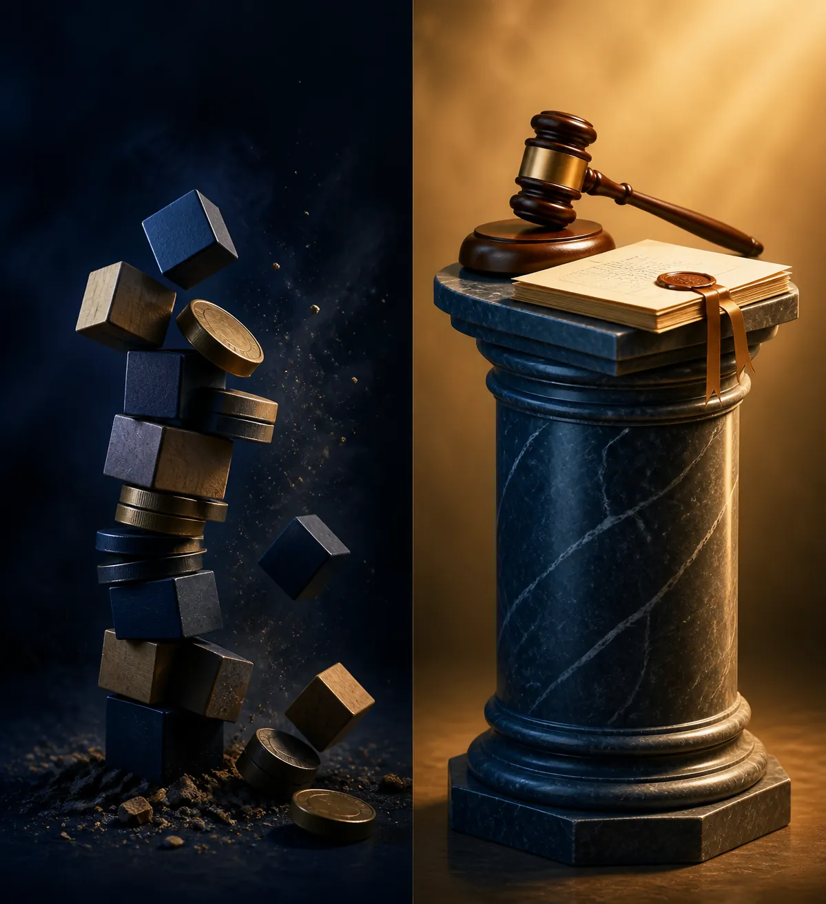 Illustration contrasting fragile vendor-viability risk with a stable legal-verification duty