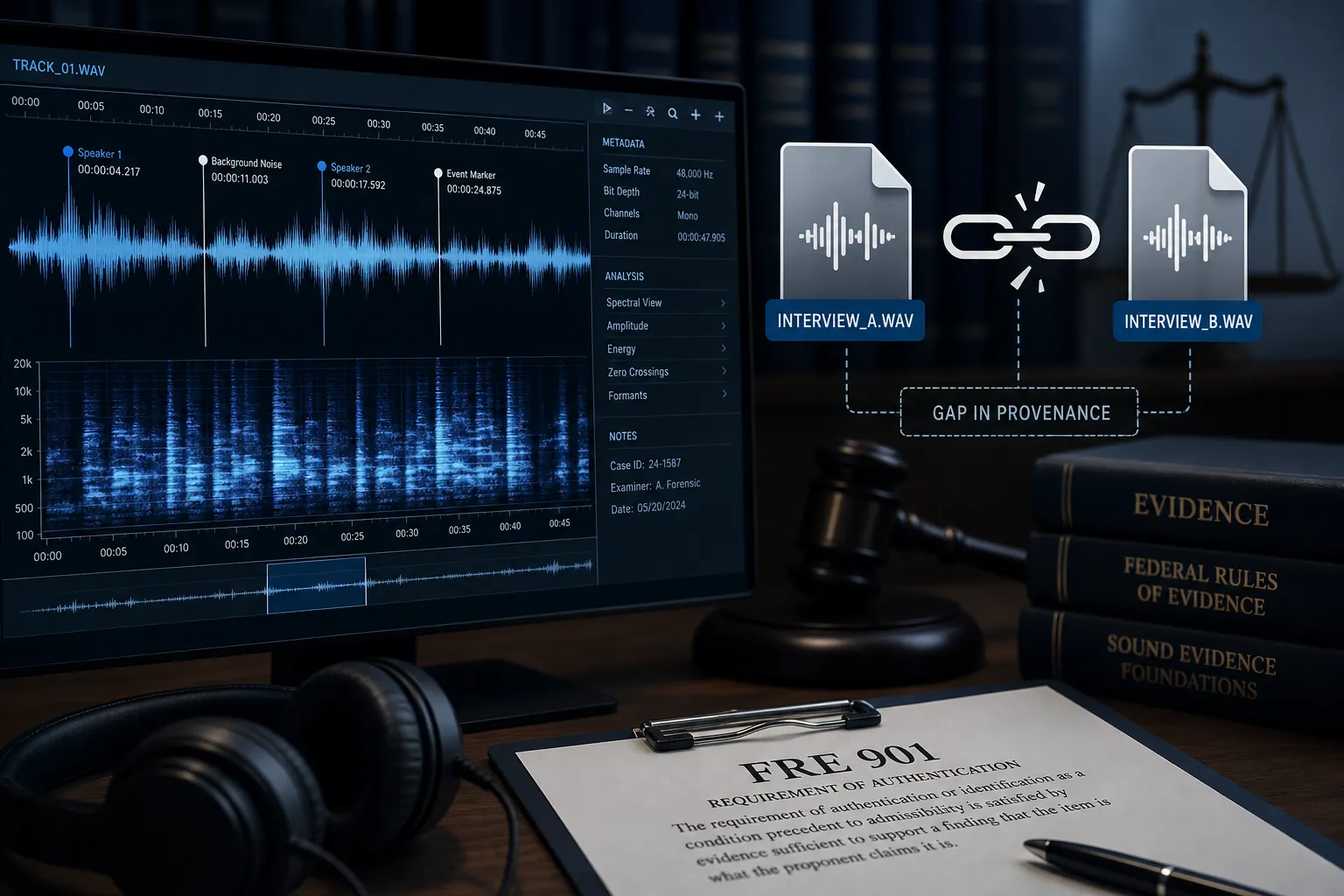 Forensic audio analysis workspace with waveform timestamps, broken chain-link file icons, and an FRE 901 document in a legal setting