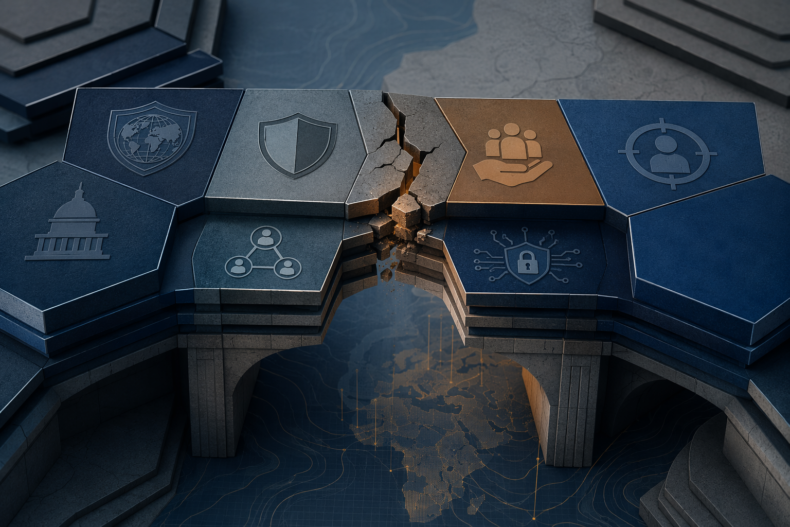 Architectural illustration of interlocking legal authorities for World Cup security with a cracked panel suggesting vulnerability
