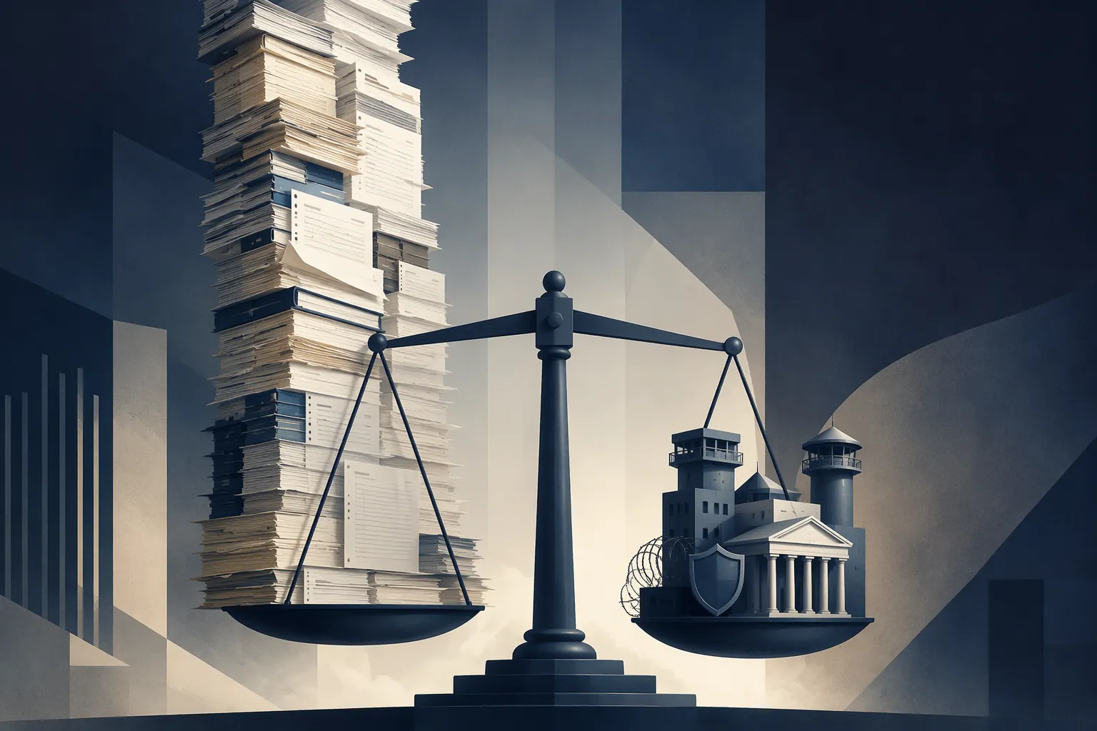 Stacked legal filings beside enforcement imagery and a balance scale