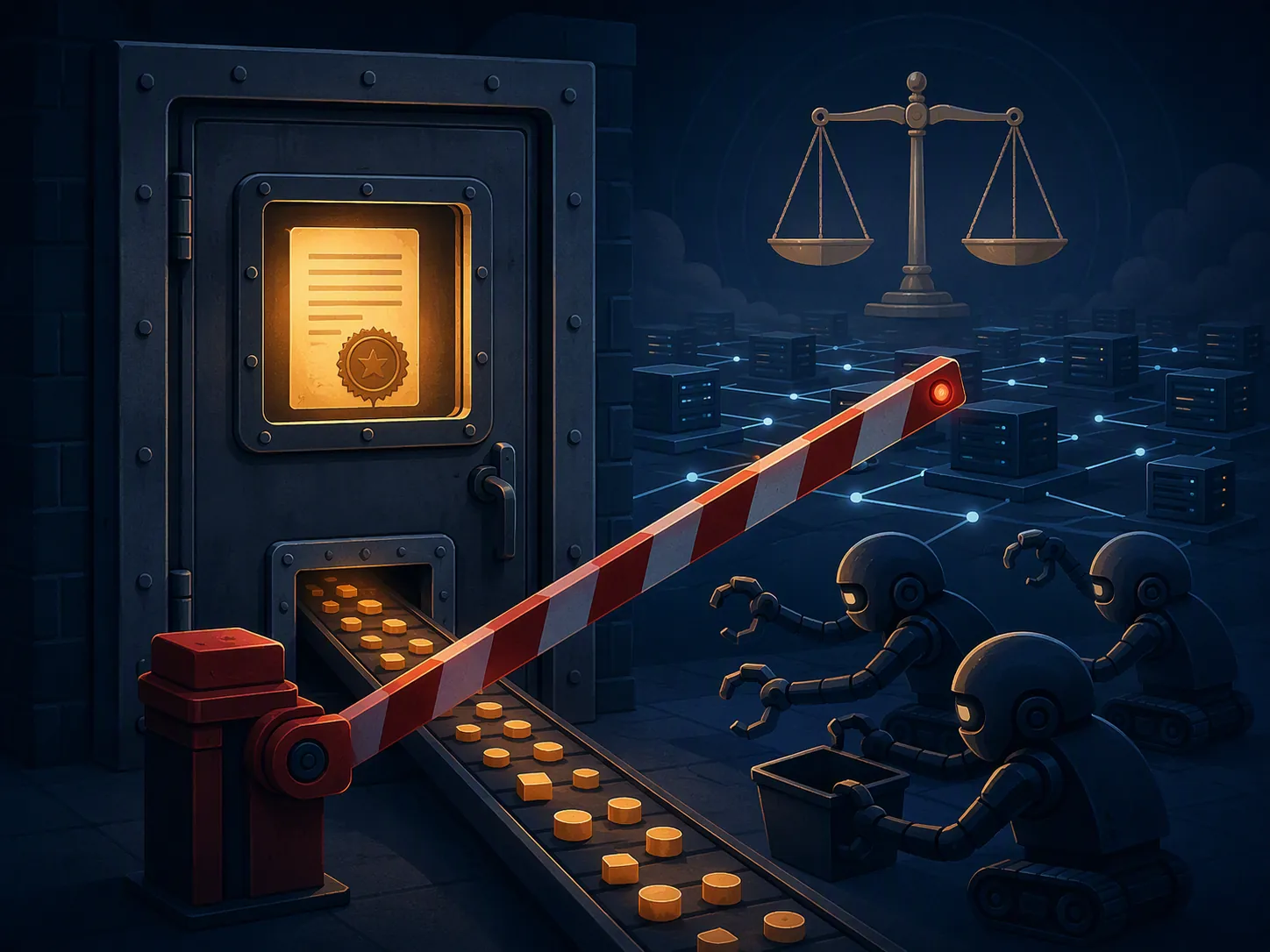 Guarded data-access gateway with a sealed contract, stopped data tokens, and a courtroom scale