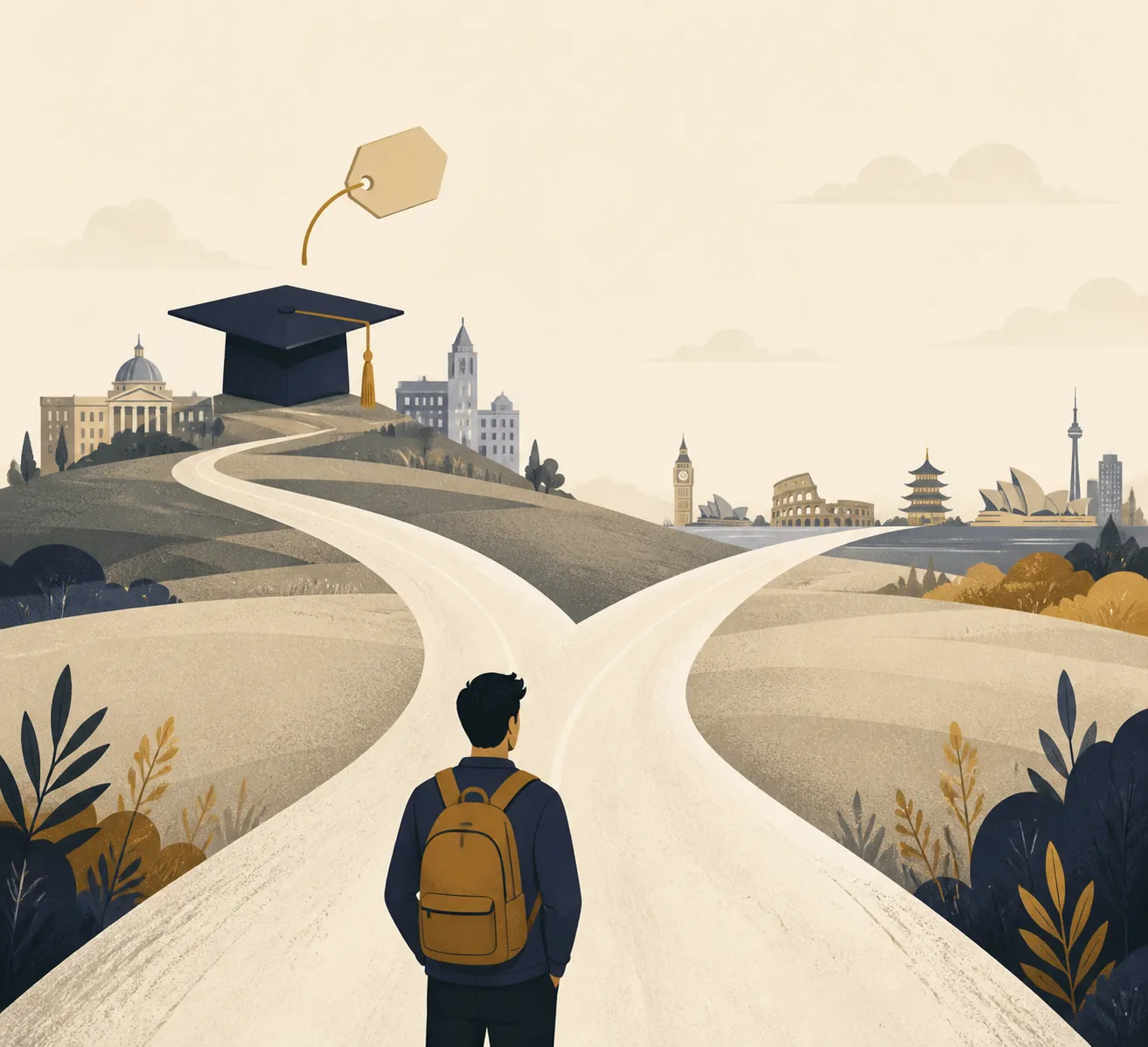 Forked road toward a U.S. campus path and alternative study destinations