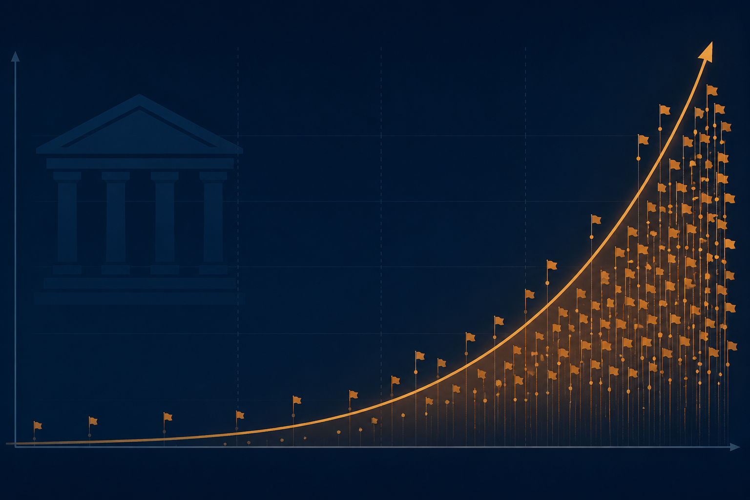 Data visualization showing sparse case markers becoming a dense cluster along a steep upward curve