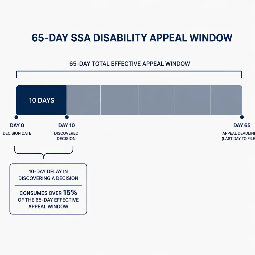 Timeline showing a 65-day SSA disability appeal window with a 10-day discovery delay consuming over 15 percent