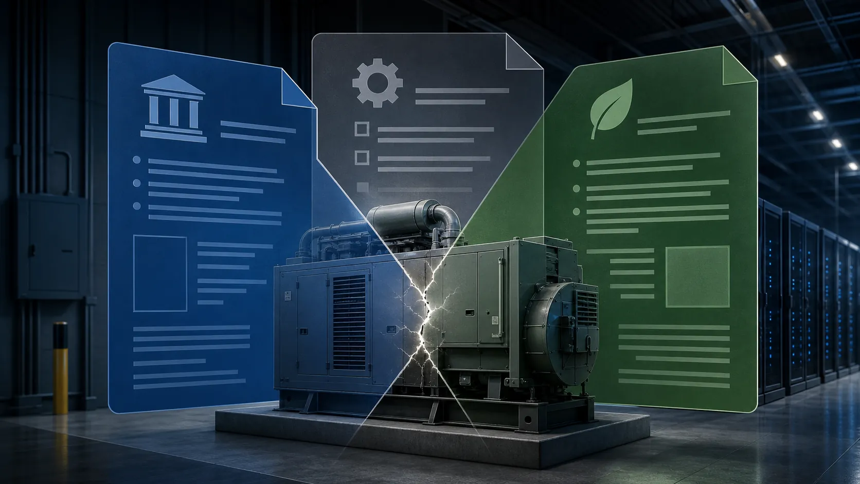 Overlapping legal, operational, and environmental document layers converging on a backup generator in a data center