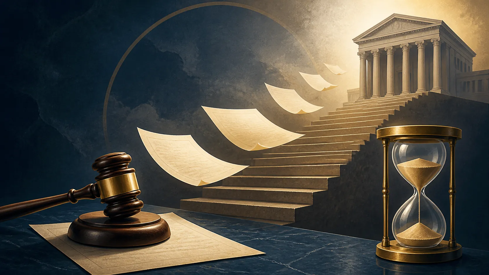 Procedural-status illustration of court papers rising toward an appellate courthouse while a district-court gavel and hourglass mark a pending deadline