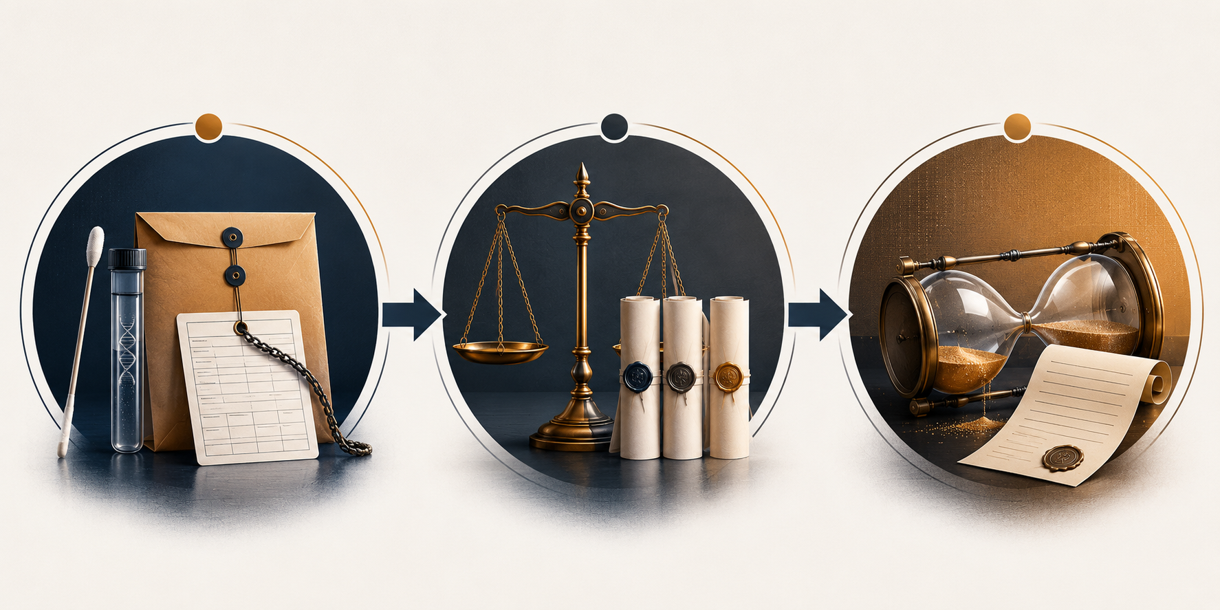 Three-step framework from sealed DNA evidence to legal claims and discovery-rule timing