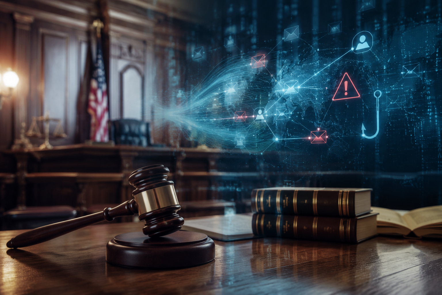 Courtroom desk with gavel and law books overlaid by digital data streams and detection pattern visualizations