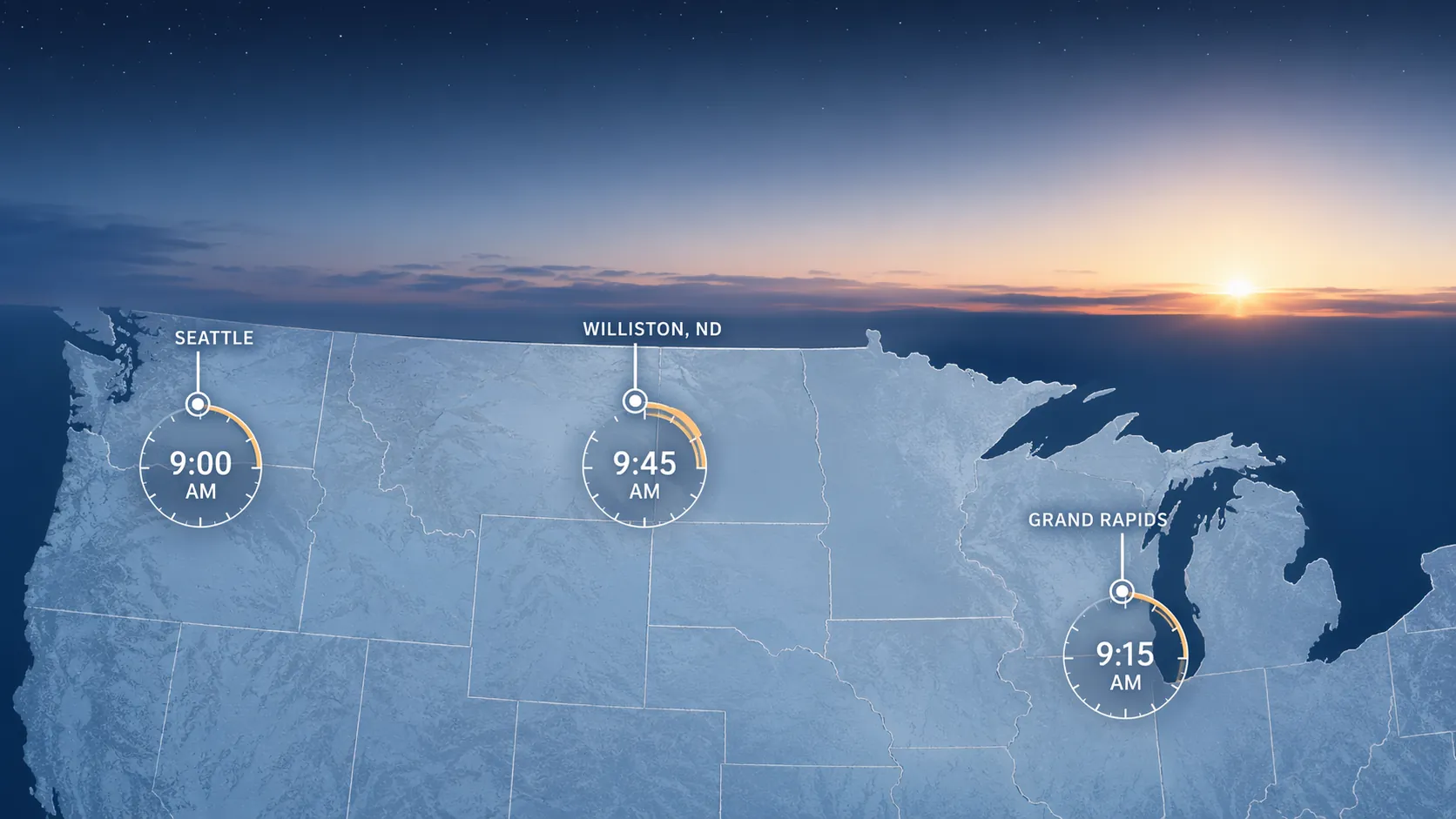 Map of projected winter sunrise times under permanent daylight saving time in Seattle, Grand Rapids, and Williston