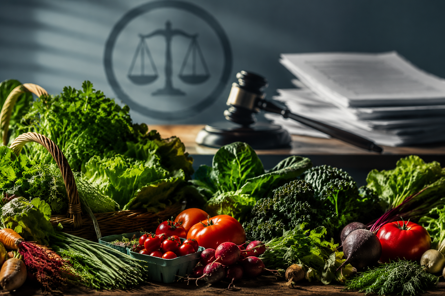 Fresh farmers market produce with legal documents and a gavel in the background