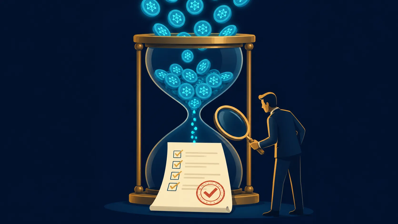 Hourglass with digital tokens becoming a verified legal document inspected by a reviewer