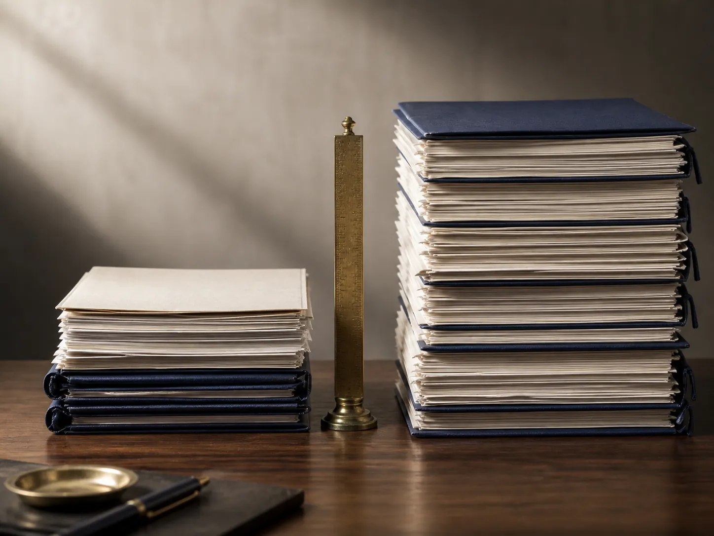 Two legal document stacks of different heights with a ruler between them