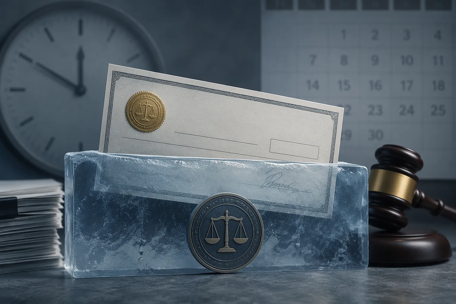 Official settlement document and check arrangement behind a translucent legal barrier with a calendar motif suggesting delayed payments