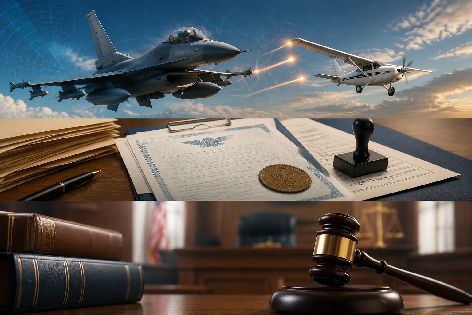 Three-tier illustration of an F-16 intercept, FAA enforcement documents, and a courtroom representing escalating TFR enforcement stages
