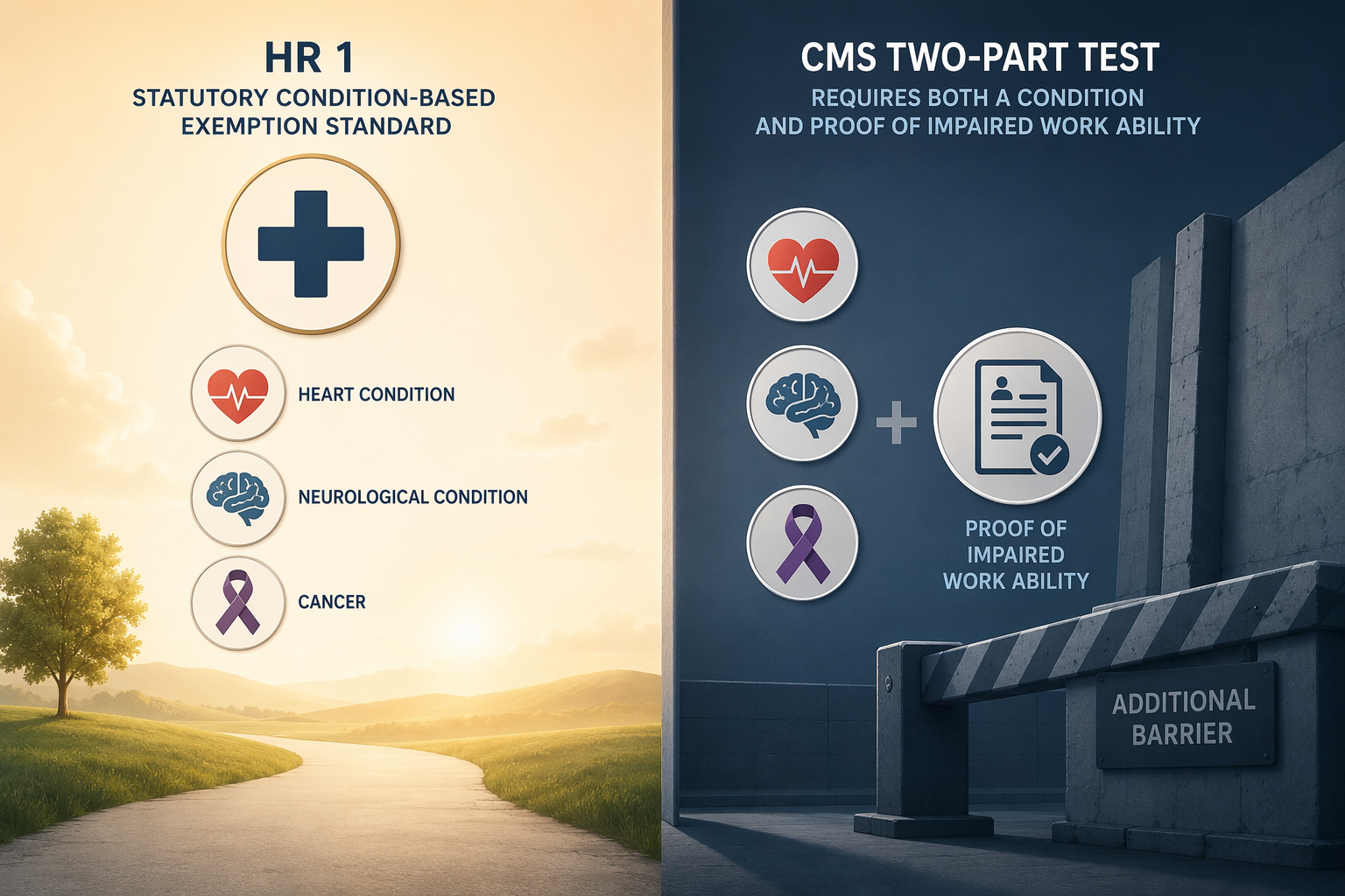 Side-by-side illustration contrasting a condition-based medical frailty standard with a two-part condition and documentation test