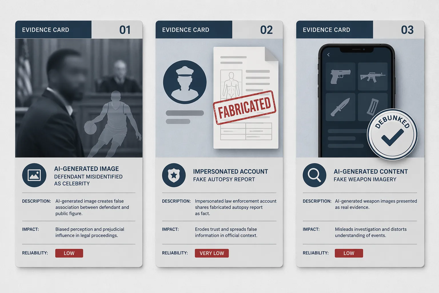 Three evidence-style cards showing a fake courtroom image, a fabricated police document, and debunked weapon screenshots