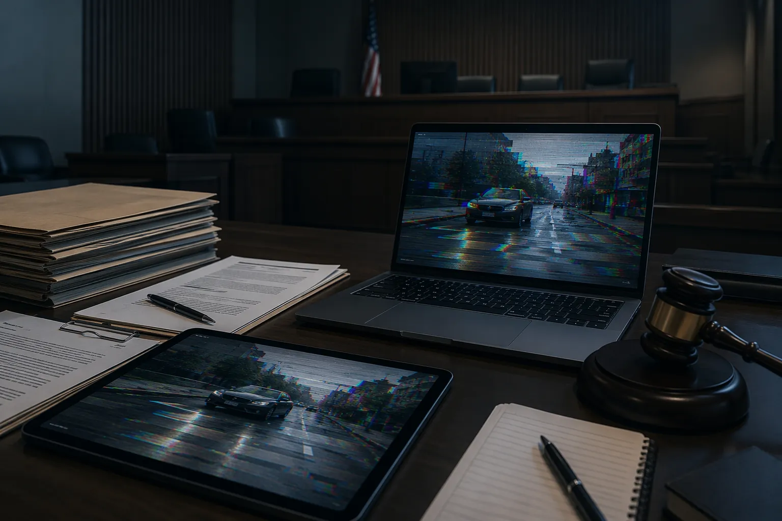 Law office desk with evidence folders, a gavel, and a tablet showing a distorted synthetic face